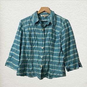 Austin Reed Womens Blue Striped 3/4 Sleeve Button-Up Shirt 8 Silk Blend Western